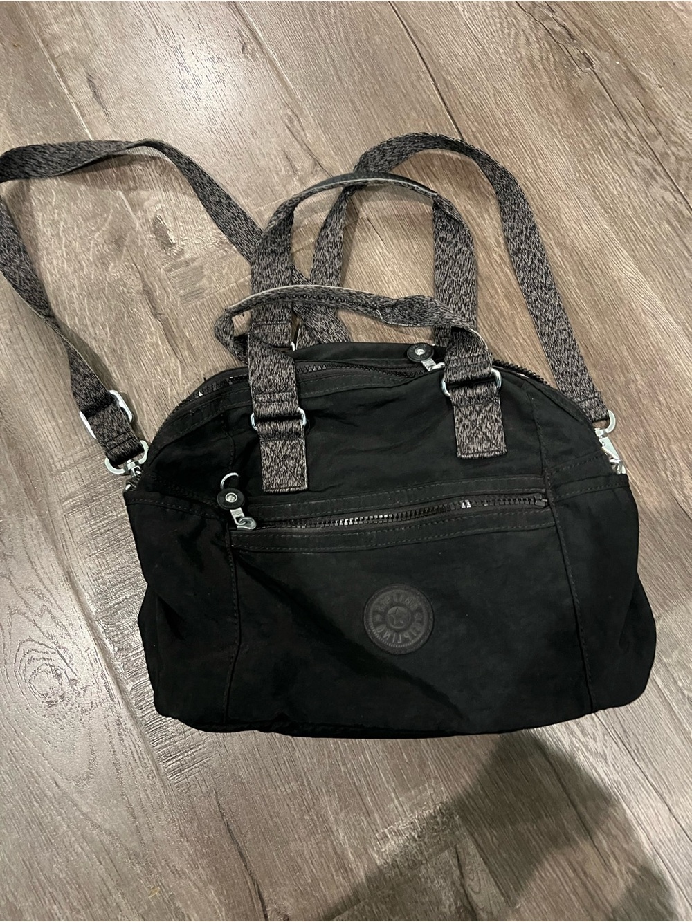 Kipling Black Convertible Messenger Tote with Patterned Straps